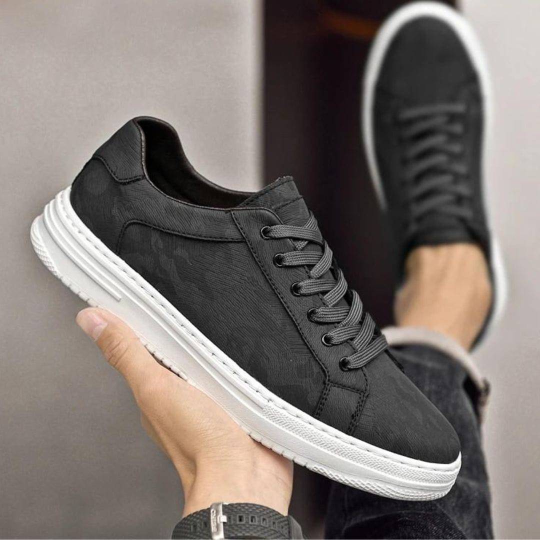 Men's Leather Casual Sneakers with Texture Camo Design-1