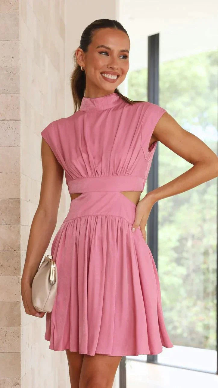 Women's Summer Mini Dress with High Neck and Pleated Design 4
