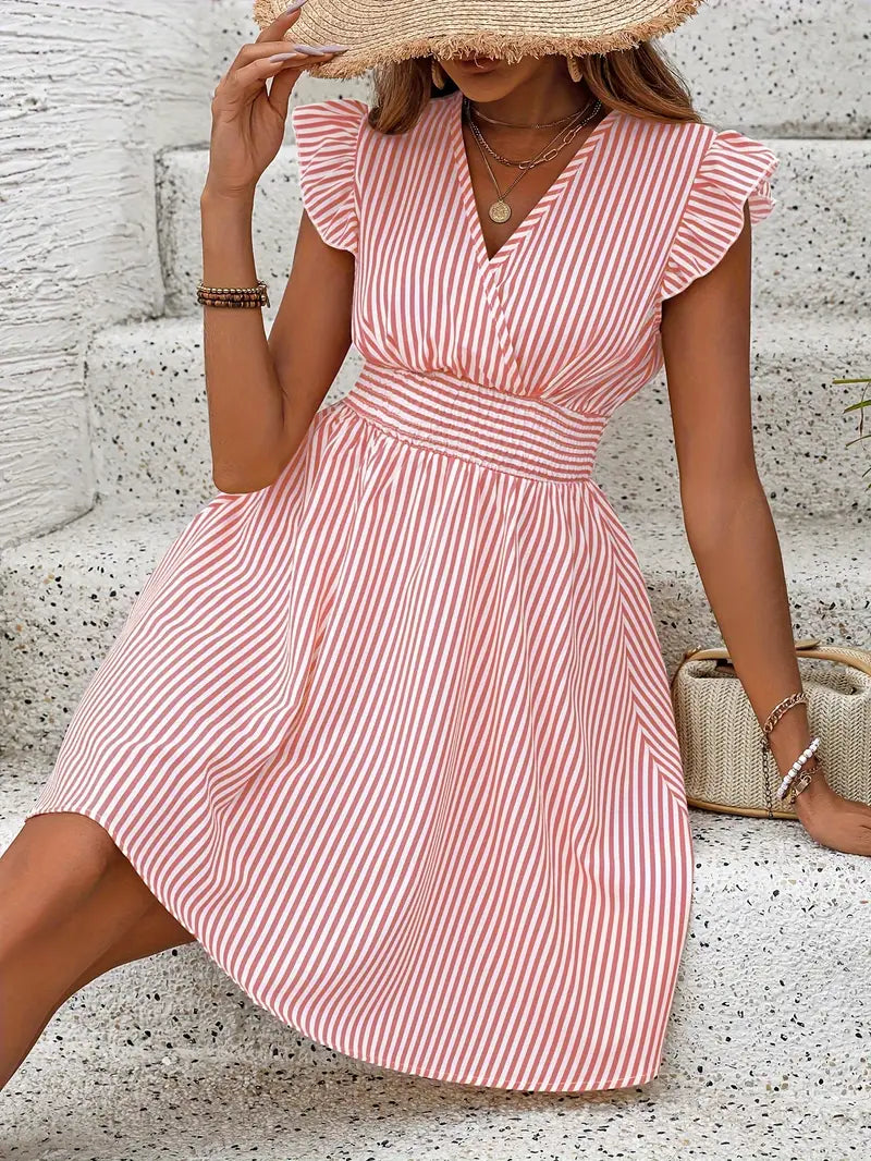 Variant image for Women's Summer Mini Dress with Striped Wing Sleeves-16