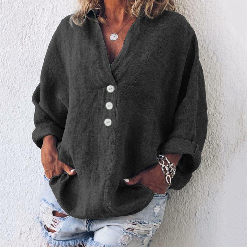 Blouse - Flax Blend Long Sleeve & Breathable Soft Drape