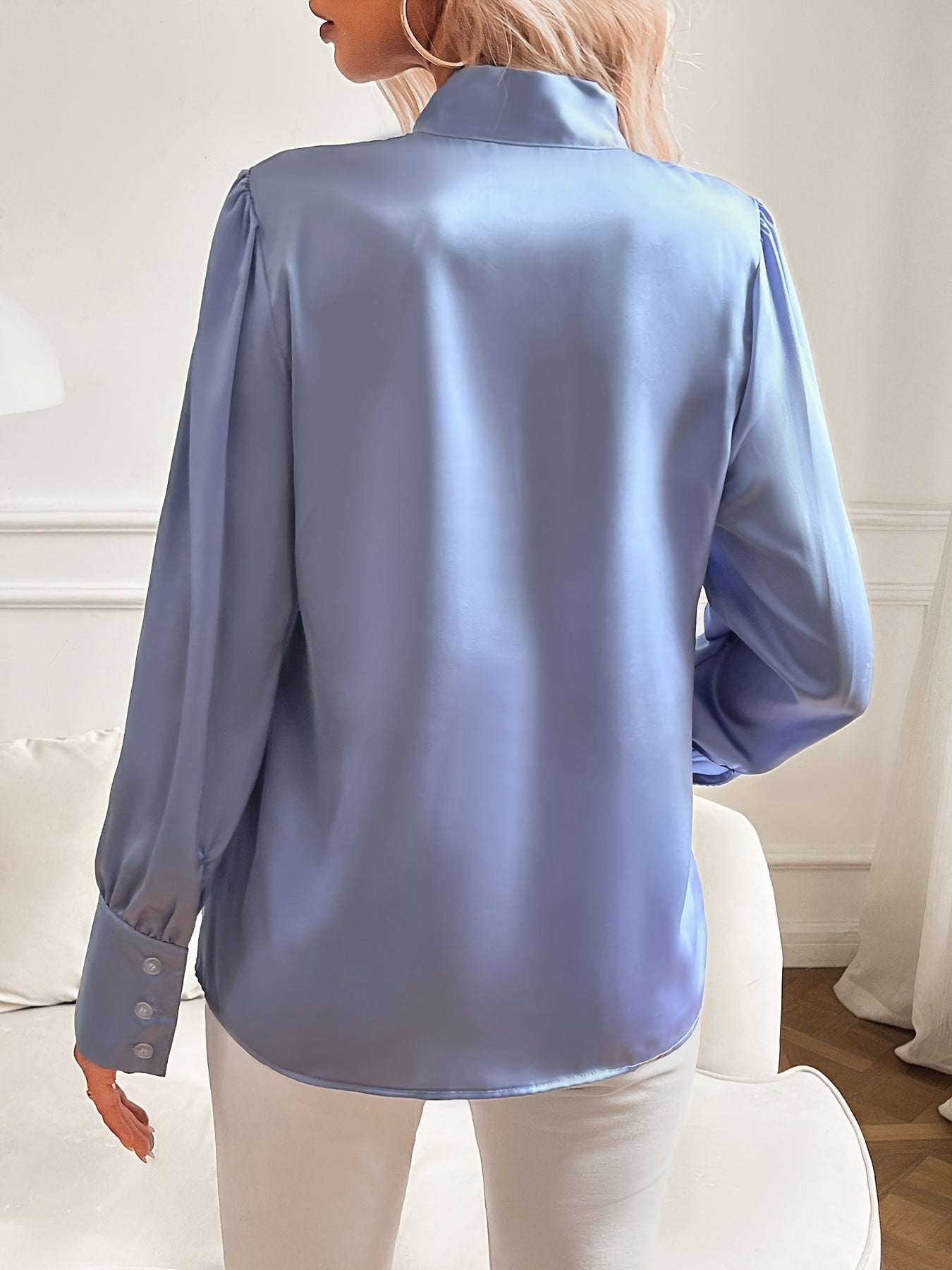 Blouse - Loop Collar Puff Sleeves And Flowy Shape For Ease