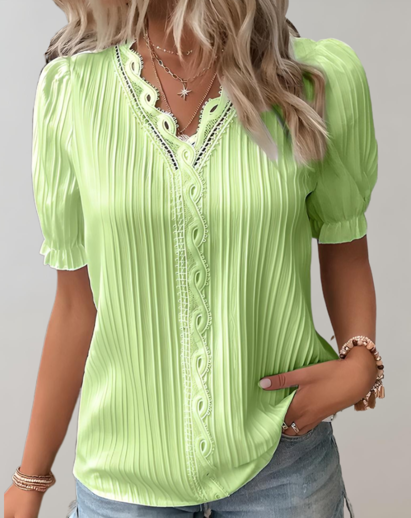 Blouse - Puff Sleeves And Lace Panels For Breezy Fit
