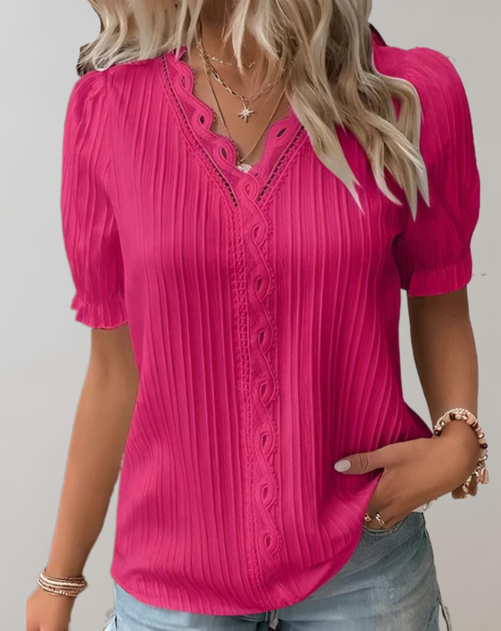 Blouse - Puff Sleeves And Lace Panels For Breezy Fit