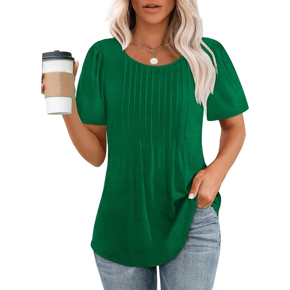 Blouse - Puff Sleeves And Pleated Front For Shaped Fit