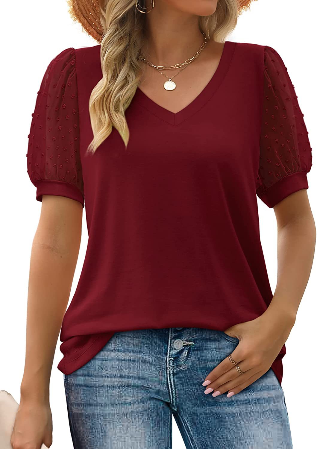 Blouse - Sheer Mesh Front And Puff Sleeves For Easy Move