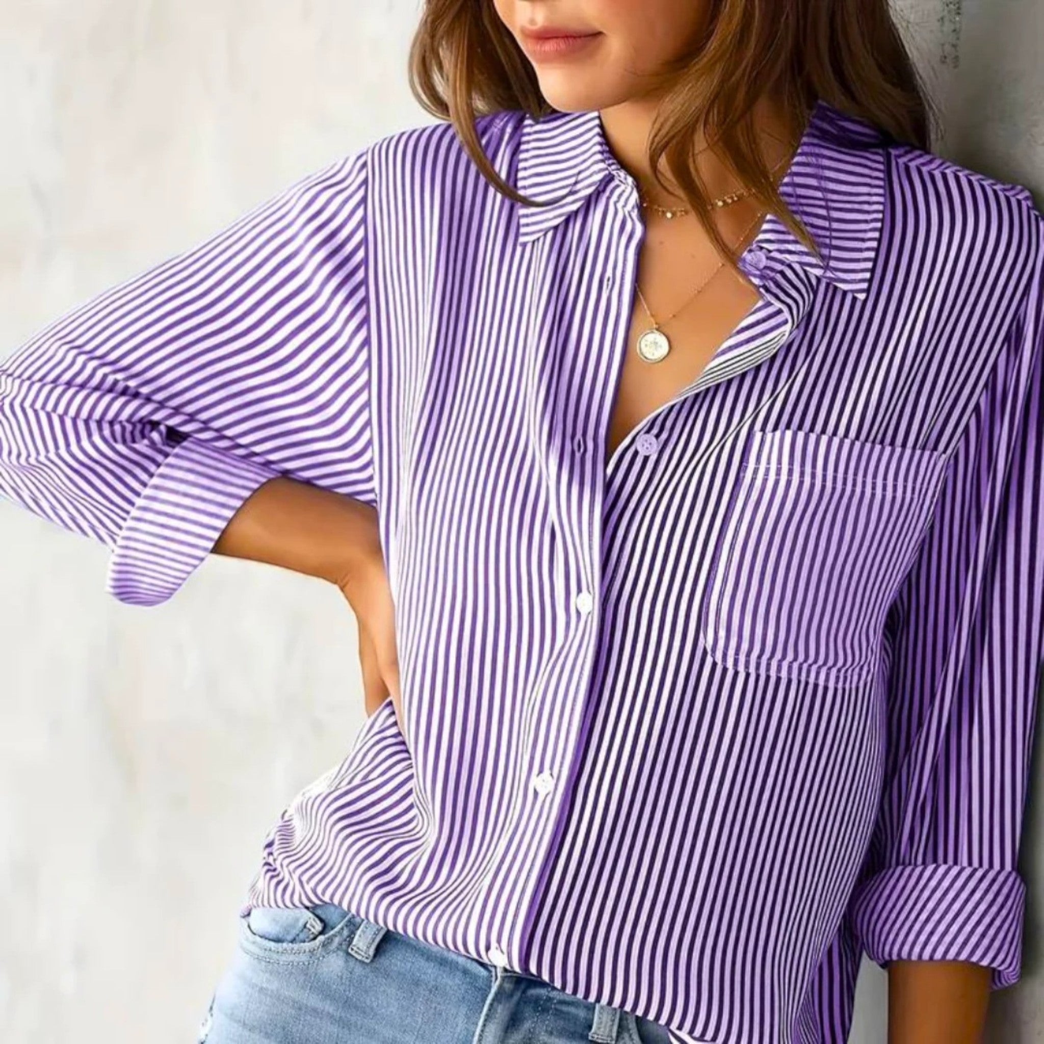 Blouse - Striped Straight Cut Long Sleeves & Easy Layering