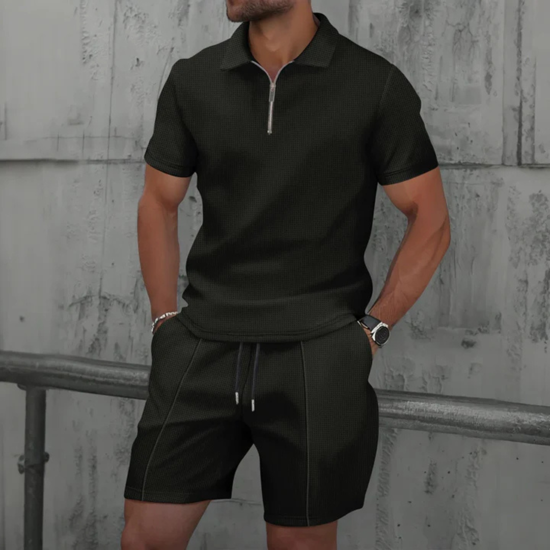Co-Ord Set - Soft-Blend Zip Neck Polo And Drawstring Shorts