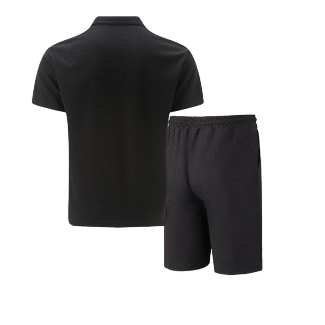 Co-Ord Set - Soft-Blend Zip Neck Polo And Drawstring Shorts