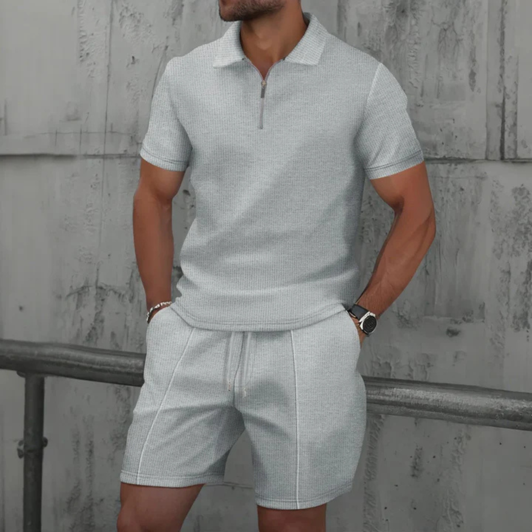 Co-Ord Set - Soft-Blend Zip Neck Polo And Drawstring Shorts