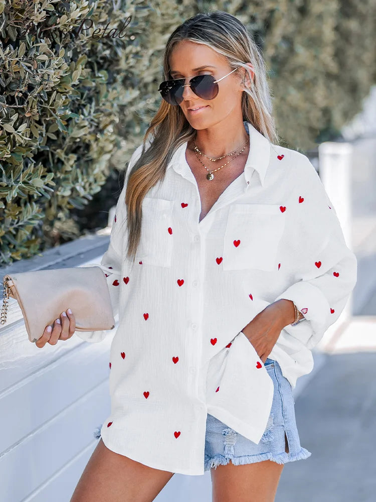 Women's Cotton Long Sleeve Blouse with Embroidered Heart Design-6
