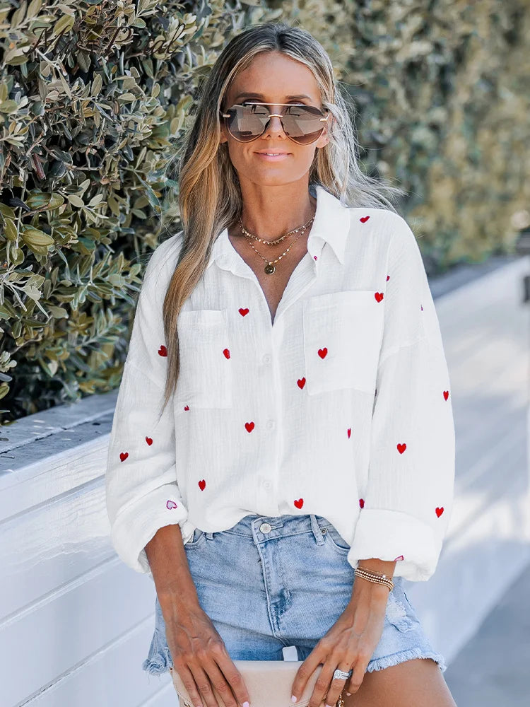 Women's Cotton Long Sleeve Blouse with Embroidered Heart Design-3