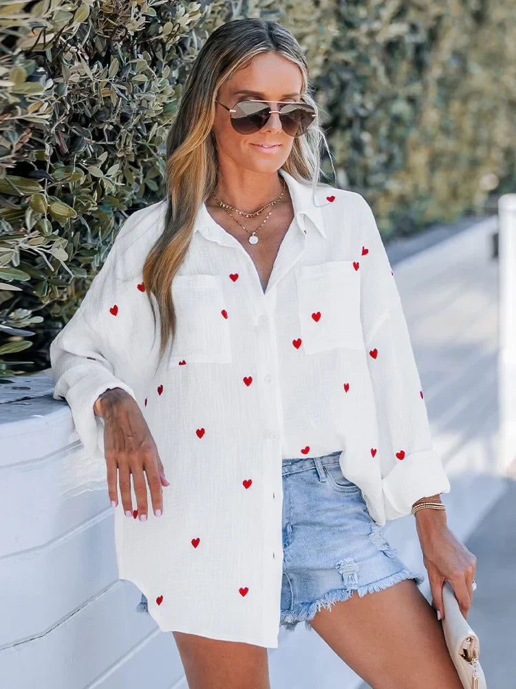 Variant image for Women's Cotton Long Sleeve Blouse with Embroidered Heart Design-1