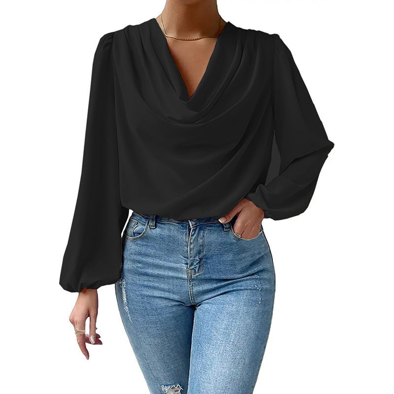 Dress - Chiffon Blend V Neck Long Sleeves And Loose Fit