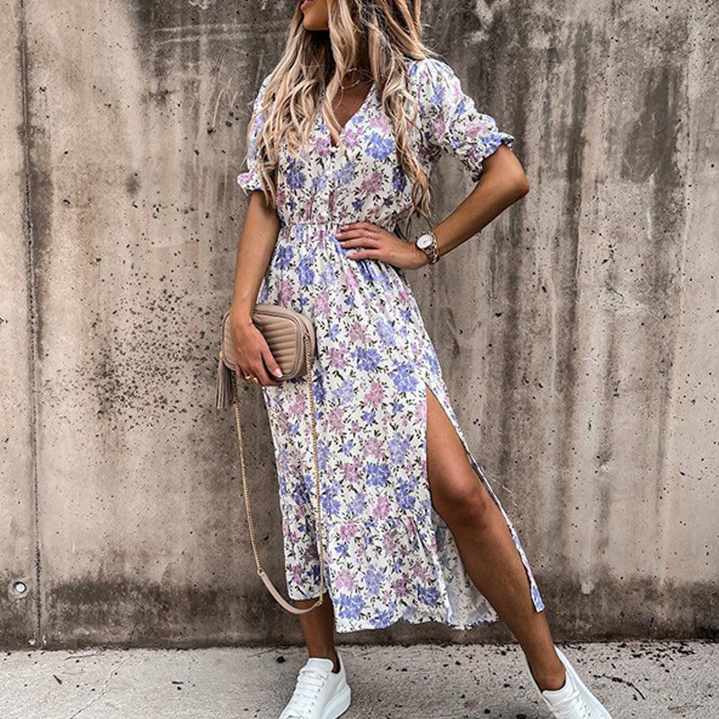 Dress- Lightweight Blend V Neck Puff Sleeves & Elastic Waist