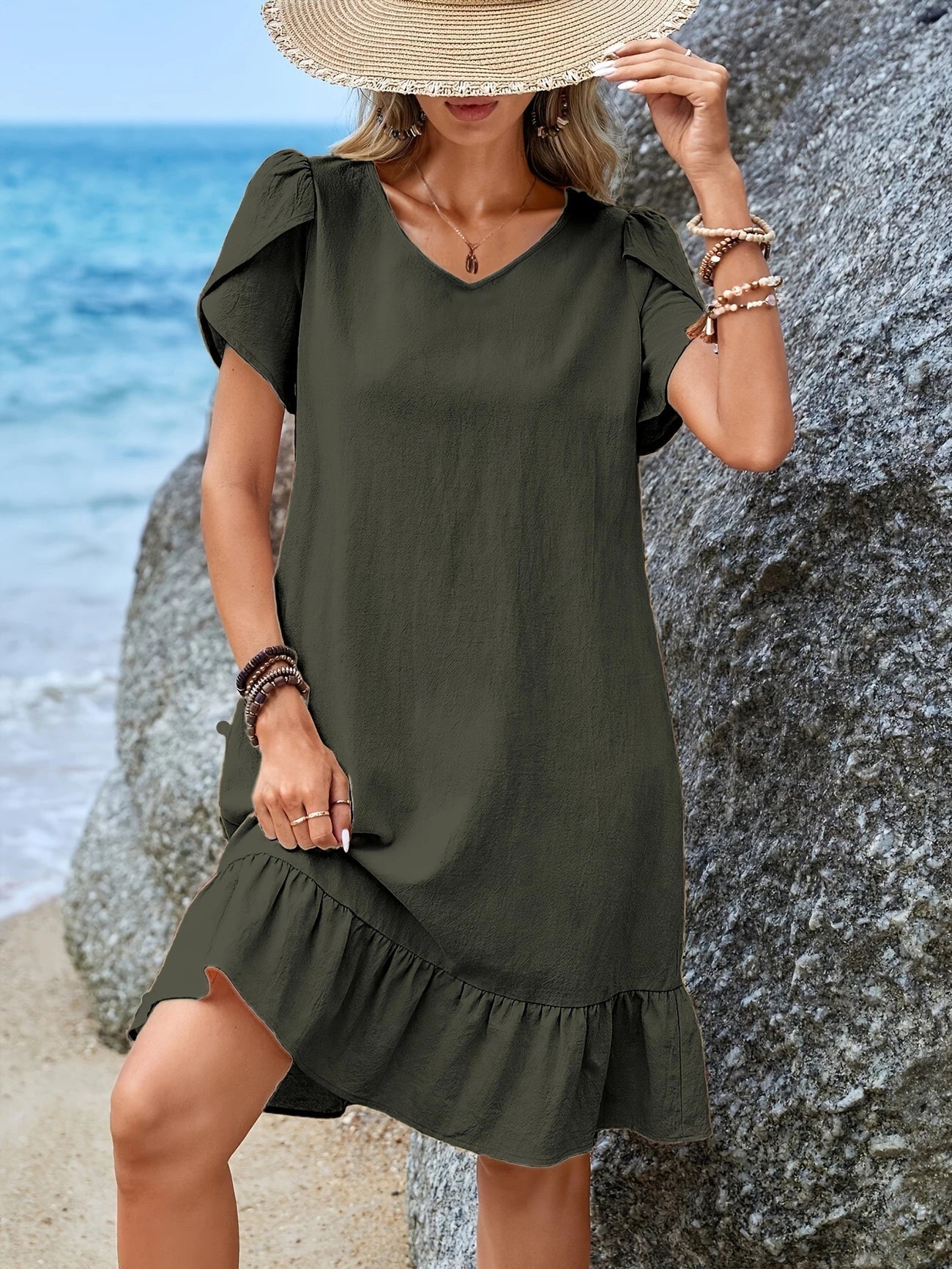 Dress - V Neck With Ruffle Hem And Airy Draped Shape