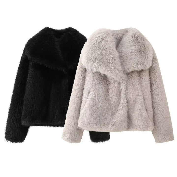 Fur Blend Coat - Fold Over Collar & Layering Warmth