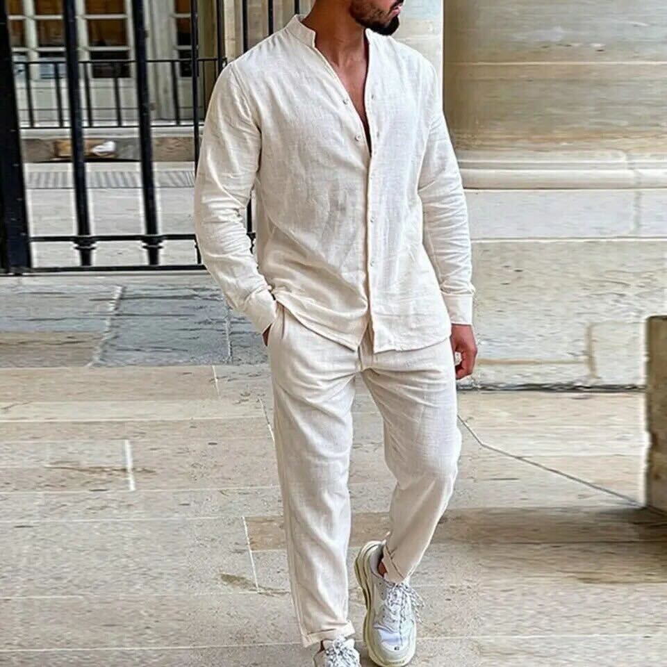 Variant image for Men's Cotton Linen Button-Up Shirt and Cropped Pants Set-8