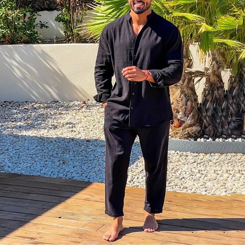 Variant image for Men's Cotton Linen Button-Up Shirt and Cropped Pants Set-3