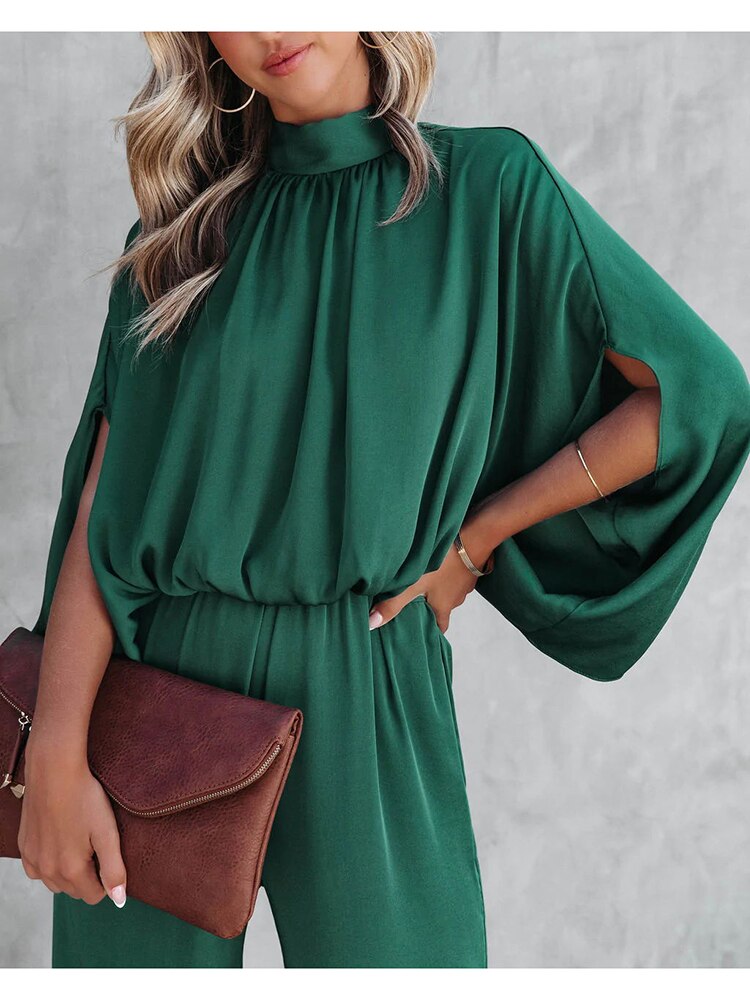 Jumpsuit – High Collar And Flowing Sleeves Elastic Waist