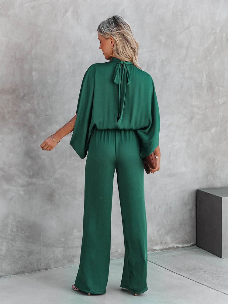 Jumpsuit – High Collar And Flowing Sleeves Elastic Waist