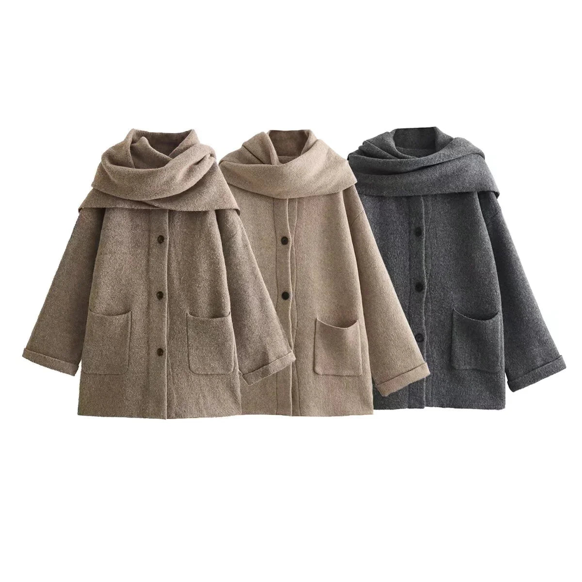 Knit Blend Coat - Integrated Scarf And Stretch Warmth