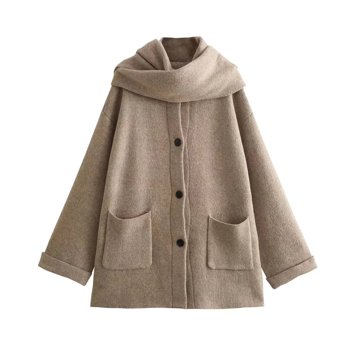Knit Blend Coat - Integrated Scarf And Stretch Warmth