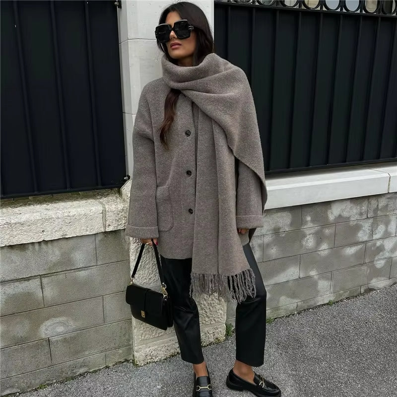 Knit Blend Coat - Integrated Scarf And Stretch Warmth
