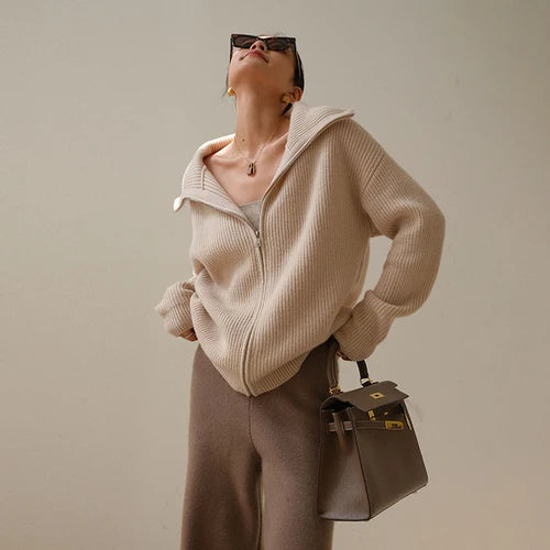 Knit Blend Sweater - Loose Zip Relaxed Fit & Easy On Off