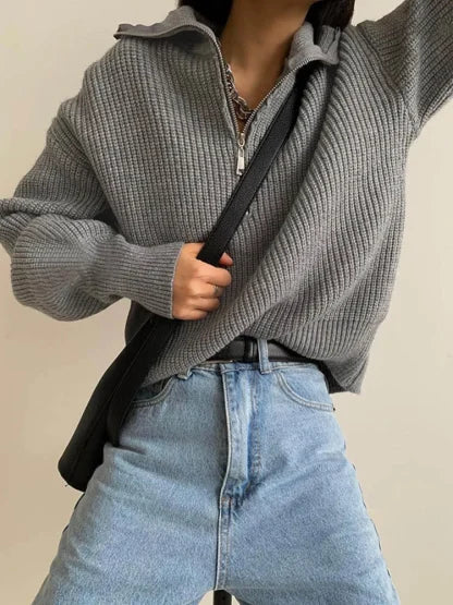 Knit Blend Sweater - Loose Zip Relaxed Fit & Easy On Off