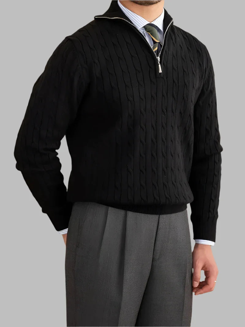 Knit Sweater - Cable Knit Quarter Zip And Warmth Control