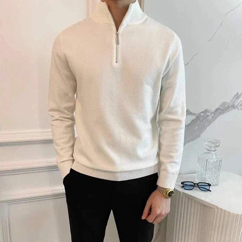 Knit Sweater - Polyester Blend Stand Collar & Zip Vent