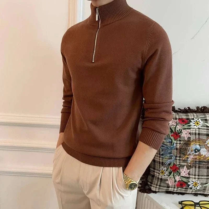 Knit Sweater - Polyester Blend Stand Collar & Zip Vent
