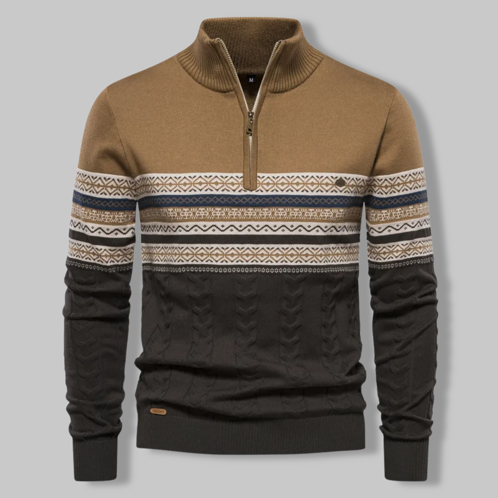 Knit Sweater - Two Tone Alpine Pattern & Quarter Zip Vent