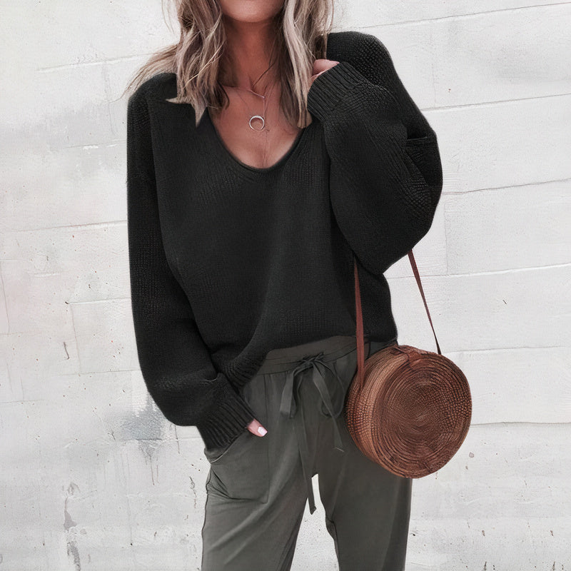 Knit Sweater - V Neck, Ribbed Trim & Flexible Shape