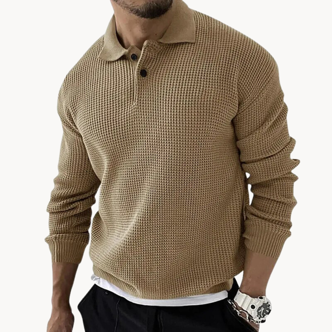 Knitted Polo Sweater - Waffle Texture & Adjustable Neck