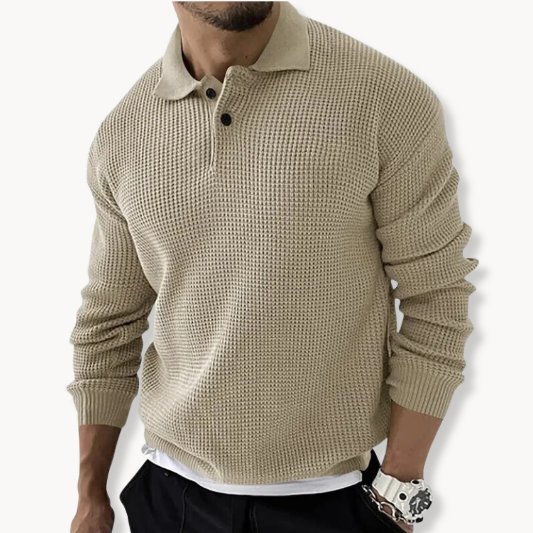 Knitted Polo Sweater - Waffle Texture & Adjustable Neck