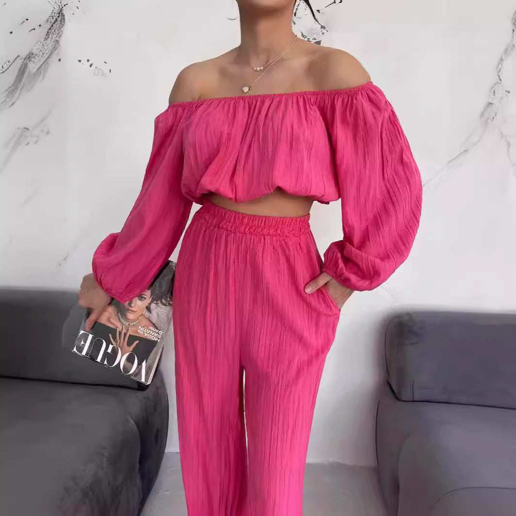 Loungewear Set- Off Shoulder Crop & Flowy Fit Moves Freely