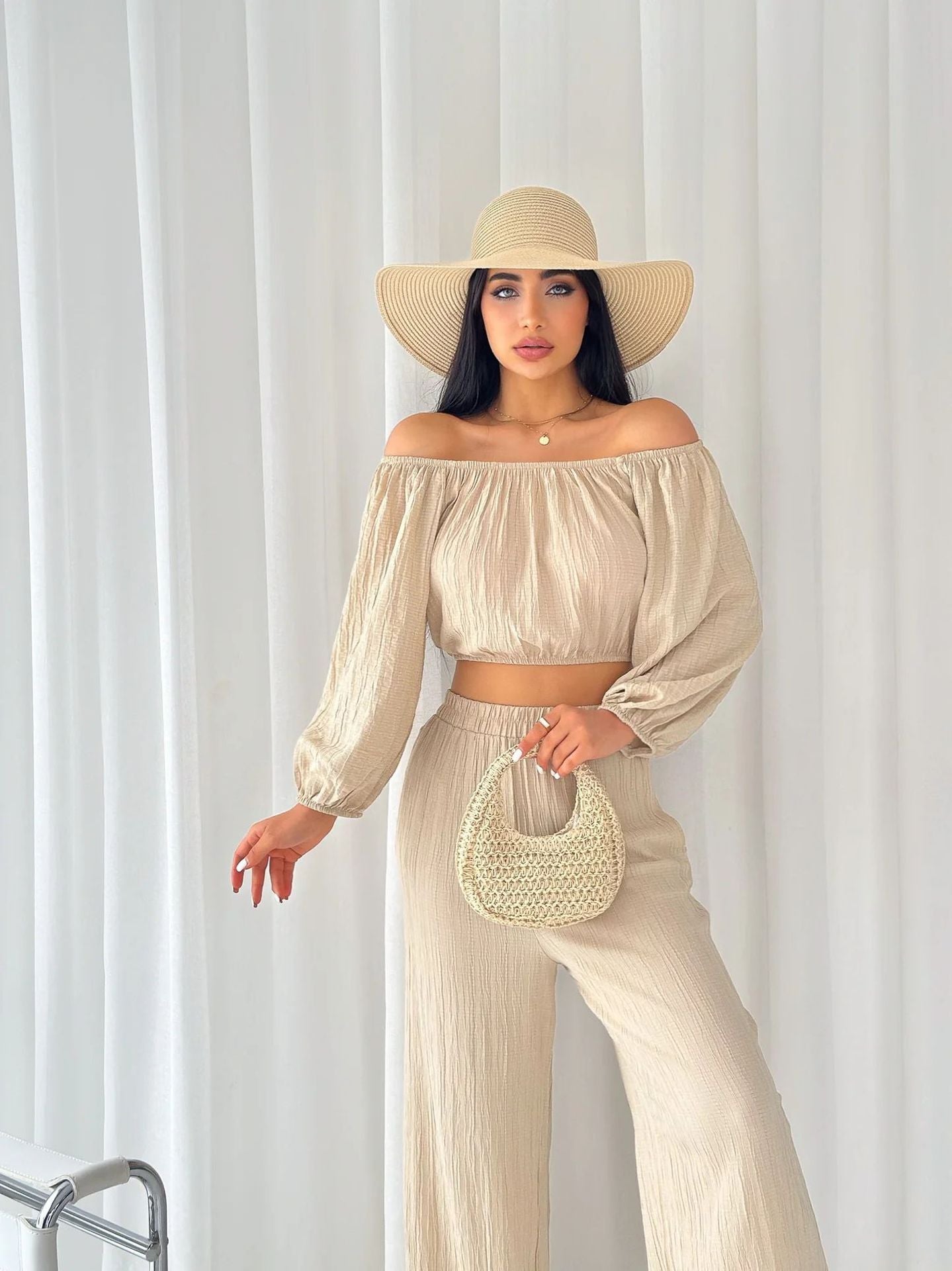 Loungewear Set- Off Shoulder Crop & Flowy Fit Moves Freely