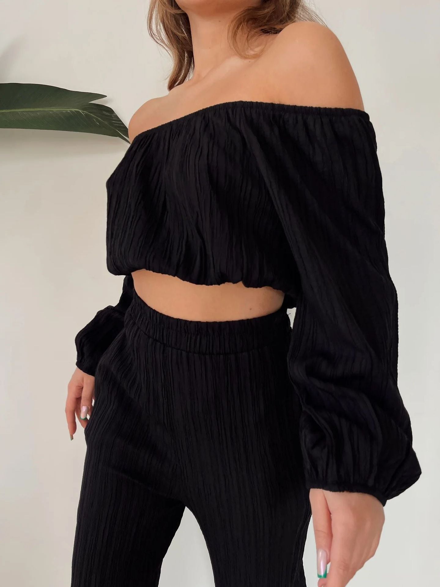 Loungewear Set- Off Shoulder Crop & Flowy Fit Moves Freely