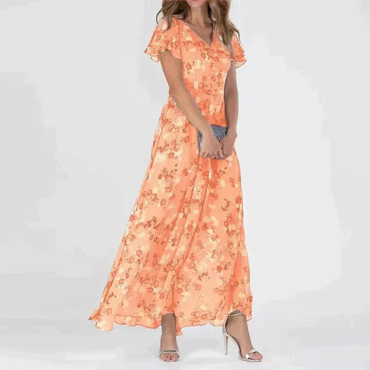Maxi Dress – Chiffon Blend Flutter Sleeves And Easy Move