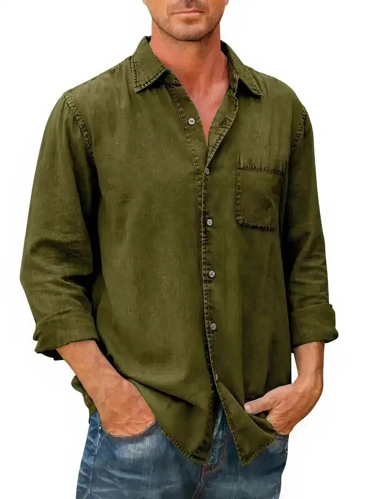 Men's Long Sleeve Denim Shirt with Chest Pocket 2