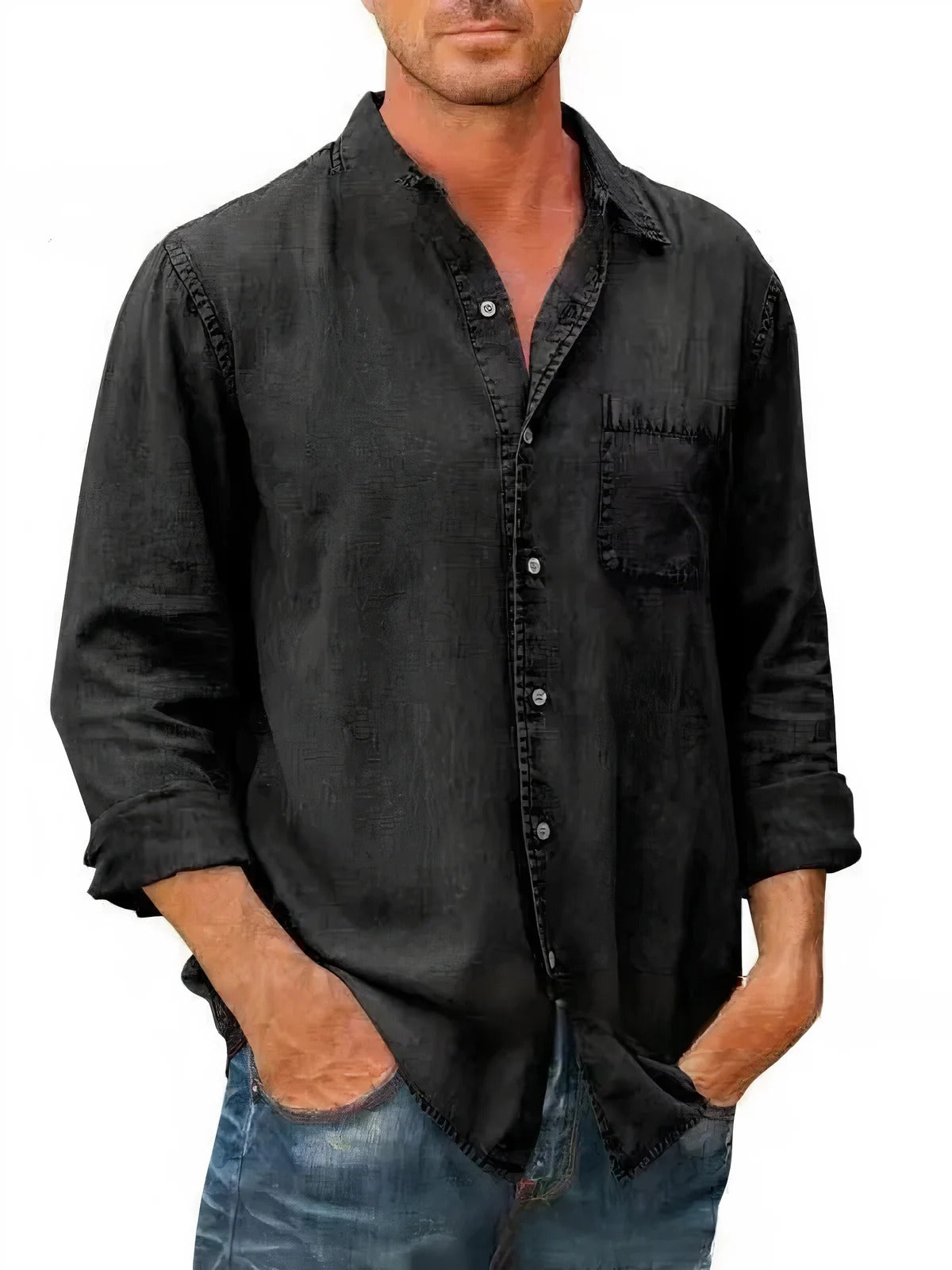 Men's Long Sleeve Denim Shirt with Chest Pocket 4