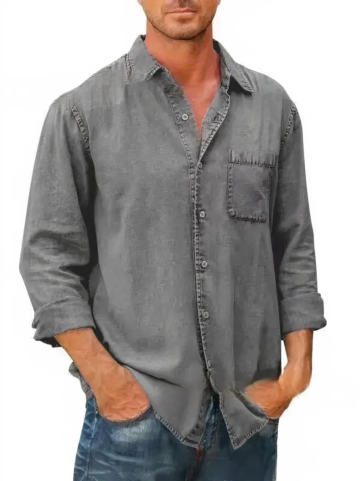Men's Long Sleeve Denim Shirt with Chest Pocket 5