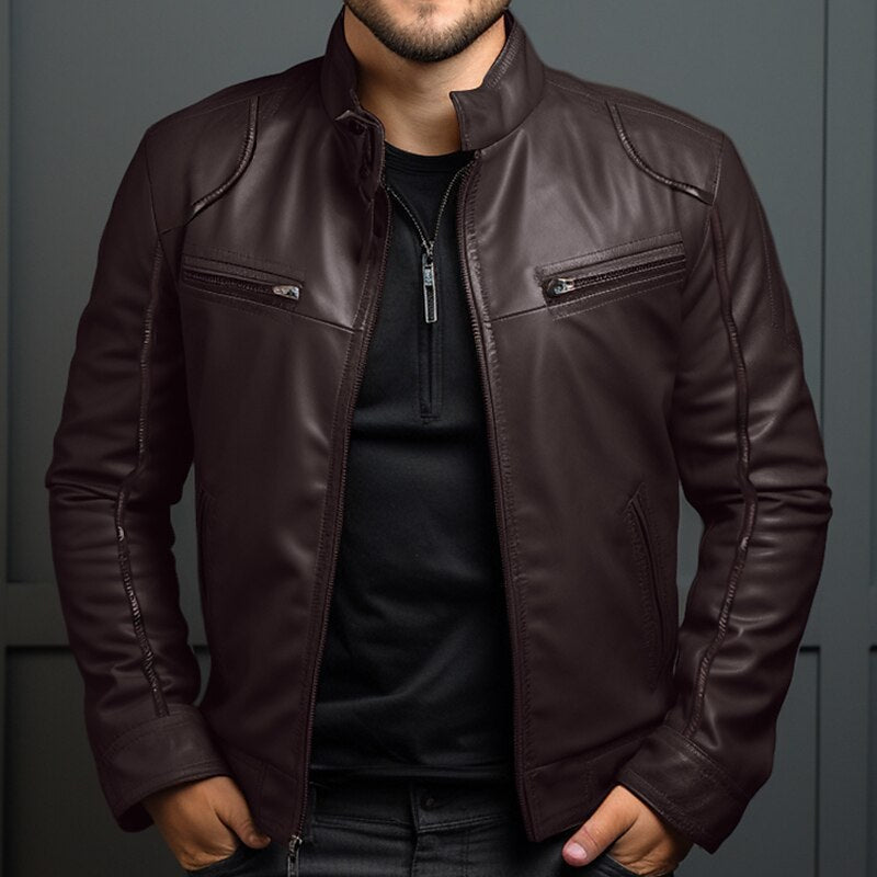 Men's Vintage Leather Jacket with Zipper Closure and Pockets 0