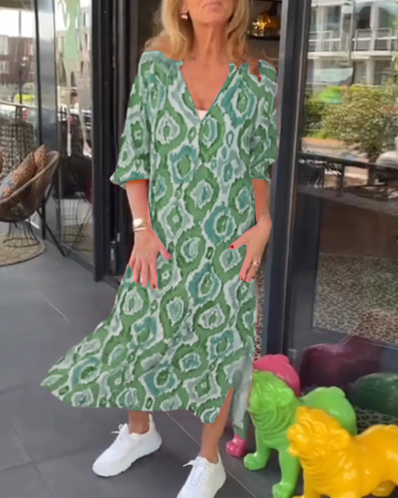 Midi Dress - V Neck And Relaxed Shape For Easy Movement