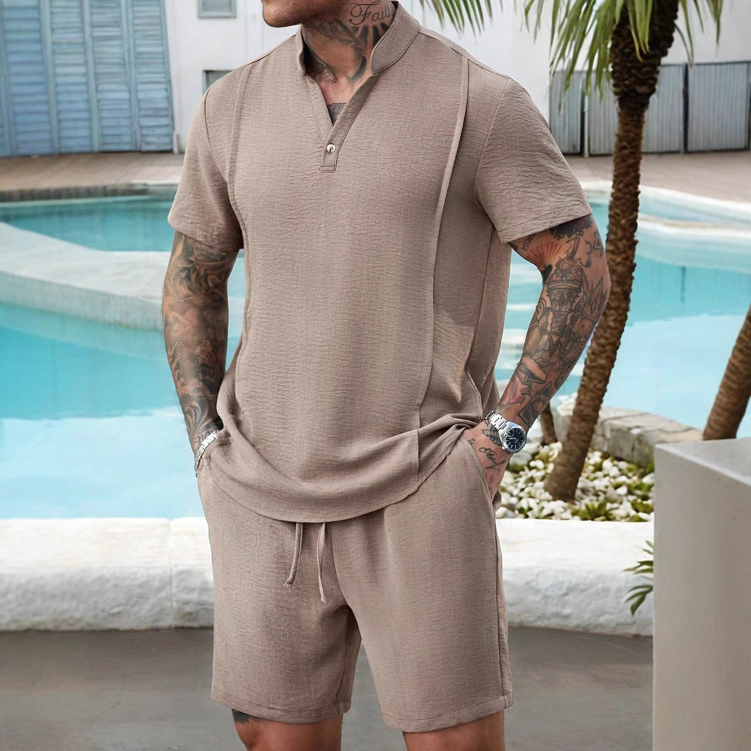 Men's Cotton Henley Shirt and Shorts Set-3