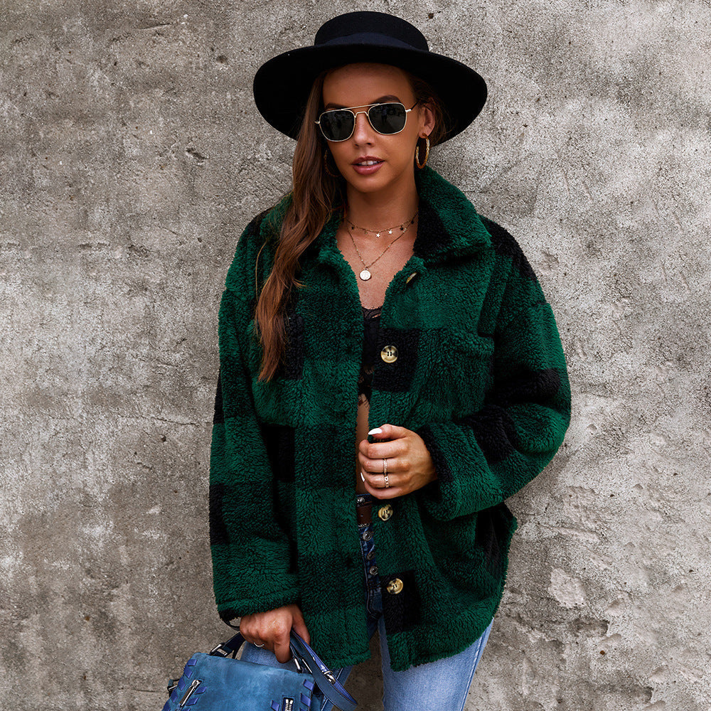 Plush Fur Coat - Checkered Texture And Warm Retention