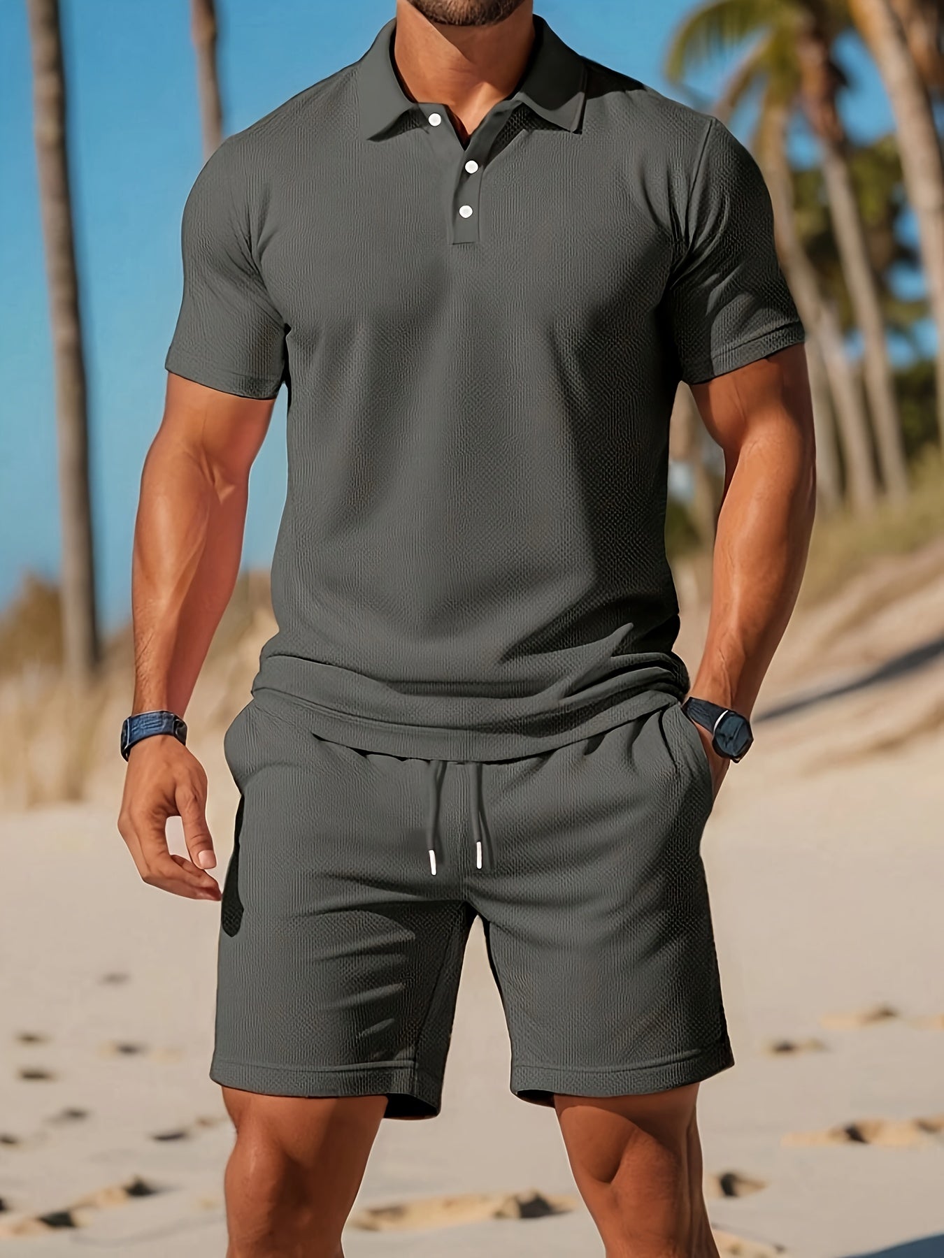 Polo And Shorts Set - Ribbed Collar & Adjustable Fit