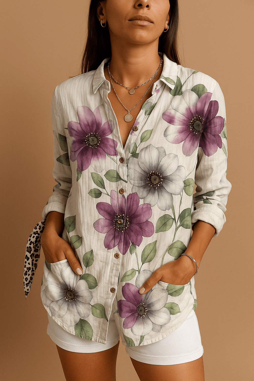 Polyester Blend Blouse - Floral Long Sleeves & Warm