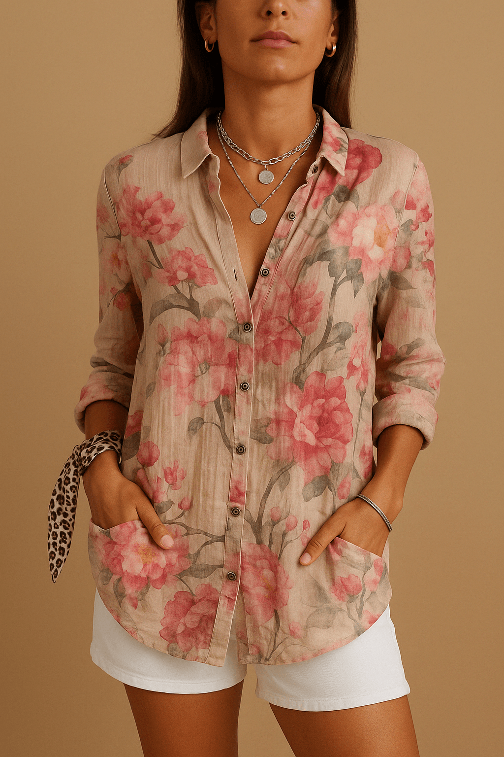 Polyester Blend Blouse - Floral Long Sleeves & Warm